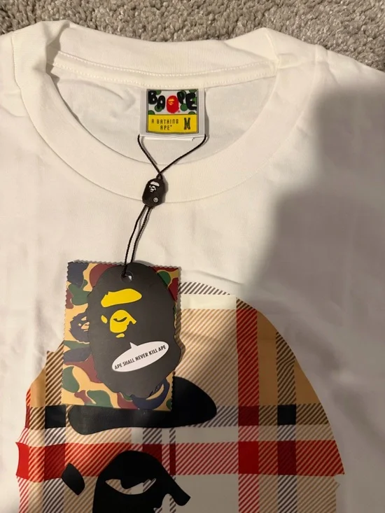 Bape White Tee with Beige Plaid Ape Head - Picture 3 of 4